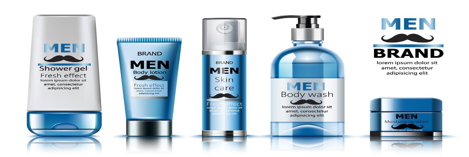 Composition of shower gel, body lotion, skin care oil, wash soap and moisturizing lotion for men. Place for text. Fresh effect. Moustache decoration. Realistic. 3D Mockup Vector